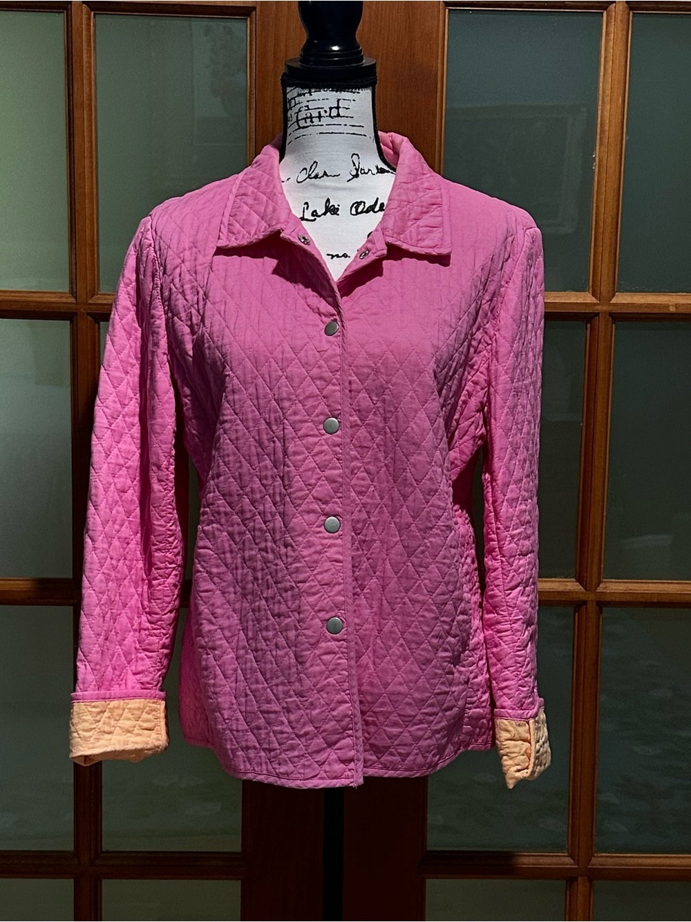 White Stag Quilted Snap-Front Jacket in Pink with Peach Contrast Cuffs Size M